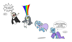 Size: 1566x919 | Tagged: safe, artist:cyanoray, trixie, ghost, human, pony, undead, unicorn, g4, akiko, annoyed, cape, character to character, clothes, crossover, female, jumping, mare, offscreen character, rainbow, simple background, swirly eyes, transformation, transformation sequence, white background, wishfart, yuurei