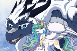 Size: 1182x788 | Tagged: safe, artist:inuhoshi-to-darkpen, princess celestia, alicorn, dragon, pony, g4, 2020, blue background, crossover, duo, female, jewelry, mare, nicole oliver, queen zubeia, regalia, simple background, spread wings, the dragon prince, voice actor joke, wings