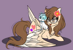 Size: 1280x873 | Tagged: safe, artist:donnie-moon, oc, oc only, dog, pegasus, pony, duo, eyelashes, female, flower, flower in hair, glasses, helmet, looking back, mare, simple background, two toned wings, wings