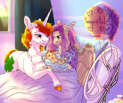 Size: 1280x1077 | Tagged: safe, artist:malinraf1615, fluttershy, oc, oc:lucky charm, pony, unicorn, g4, baby, baby pony, bed, canon x oc, chest fluff, ear fluff, female, hospital bed, male, straight