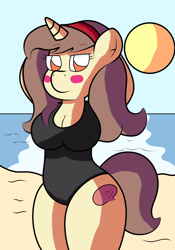 Size: 2550x3640 | Tagged: safe, artist:sparkfler85, derpibooru exclusive, oc, oc only, oc:hymyt, unicorn, anthro, arm behind head, beach, big breasts, blushing, breasts, clothes, female, headband, high res, legs together, mare, ocean, one-piece swimsuit, sand, sexy, solo, sun, swimsuit, water