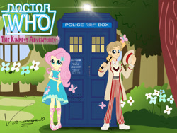 Size: 1280x960 | Tagged: safe, artist:edcom02, artist:vanossfan10, doctor whooves, fluttershy, time turner, butterfly, equestria girls, g4, celery, clothes, cricket bat, crossover, doctor who, female, fifth doctor, flower, fluttershy's cottage, frock coat, jumper, logo, male, panama hat, pants, peter davison, ship:doctorshy, shipping, shirt, straight, tardis, the doctor