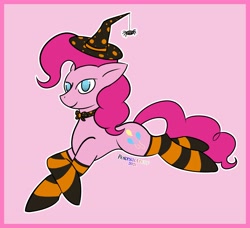 Size: 2893x2642 | Tagged: safe, artist:pokeshadow, pinkie pie, earth pony, pony, g4, bowtie, clothes, halloween, hat, high res, holiday, looking at you, lying down, smiling, socks, solo, striped socks, toy interpretation, witch hat