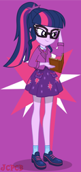 Size: 1026x2160 | Tagged: safe, artist:jcpreactyt, sci-twi, twilight sparkle, equestria girls, g4, my little pony equestria girls: better together, book, bow, clothes, cutie mark on clothes, dress, glasses, hair, jacket, ponytail, purple background, sci-twi skirt, shirt, shoes, simple background, skirt, socks, stars