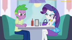 Size: 3642x2048 | Tagged: safe, artist:georgegarza01, rarity, spike, equestria girls, g4, bedroom eyes, blushing, date, duo, female, high res, human spike, looking at each other, male, nervous, rarity peplum dress, restaurant, romantic, ship:sparity, shipping, show accurate, straight