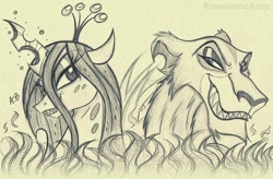 Size: 2269x1489 | Tagged: safe, artist:rossmaniteanzu, queen chrysalis, big cat, changeling, changeling queen, lion, g4, crossover, disney, female, lion king 2 simba's pride, pencil drawing, sharp teeth, sketch, teeth, the lion king, traditional art, zira