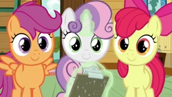 Size: 852x479 | Tagged: safe, screencap, apple bloom, scootaloo, sweetie belle, earth pony, pegasus, pony, unicorn, g4, marks and recreation, season 7, adorabloom, apple bloom's bow, bow, clipboard, clubhouse, crusaders clubhouse, cute, cutealoo, cutie mark crusaders, diasweetes, female, filly, glowing horn, hair bow, horn, magic, smiling, spread wings, telekinesis, wings