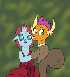 Size: 1280x1406 | Tagged: safe, artist:platinumdrop, ocellus, smolder, g4, butt, butt expansion, clothes, fetish, growth, implied smolcellus, large butt, request, simple background, the princess and the frog