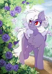 Size: 2481x3507 | Tagged: safe, artist:arctic-fox, oc, oc only, oc:lucy clematis, bat pony, pony, vampire, vampony, bat pony oc, bat wings, cute, cute little fangs, ear piercing, earring, fangs, flower, flower in hair, gothic, high res, jewelry, leaves, path, piercing, smiling, solo, wings