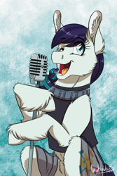 Size: 788x1182 | Tagged: safe, artist:inuhoshi-to-darkpen, coloratura, earth pony, pony, g4, clothes, ear fluff, female, hoof fluff, mare, microphone, one eye closed, open mouth, solo