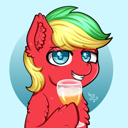 Size: 3000x3000 | Tagged: safe, artist:yumomochan, oc, alcohol, beer, blue eyes, bust, commission, fluffy, gritted teeth, high res, male, portrait, smiling, stallion, teeth, two toned hair