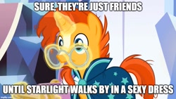 Size: 887x500 | Tagged: safe, edit, edited screencap, screencap, princess flurry heart, sunburst, alicorn, pony, unicorn, g4, season 6, the times they are a changeling, baby, baby pony, caption, eyes closed, female, filly, glasses, image macro, implied shipping, implied starburst, implied starlight glimmer, implied straight, magic, male, open mouth, solo focus, stallion, telekinesis, text