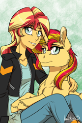 Size: 788x1182 | Tagged: safe, artist:inuhoshi-to-darkpen, sunset shimmer, human, pony, unicorn, equestria girls, g4, cheek fluff, clothes, ear fluff, hoof fluff, human ponidox, self ponidox, sitting