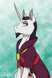 Size: 788x1182 | Tagged: safe, artist:inuhoshi-to-darkpen, chancellor neighsay, pony, unicorn, g4, cheek fluff, clothes, ear fluff, facial hair, goatee, hoof fluff, male, sitting, solo, stallion