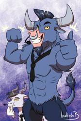 Size: 788x1182 | Tagged: safe, artist:inuhoshi-to-darkpen, iron will, goat, minotaur, g4, abs, cheek fluff, eating, facial hair, goatee, male, muscles, muscular male, nose piercing, paper, piercing, septum piercing, tail, thumbs up