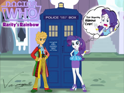 Size: 1280x960 | Tagged: safe, artist:edcom02, artist:vanossfan10, doctor whooves, rarity, time turner, equestria girls, g4, canterlot, clothes, colin baker, cravat, doctor who, fashion disaster, female, frock coat, logo, male, pants, rarity peplum dress, rariwhooves, shipping, shirt, sixth doctor, spats, straight, tardis, the doctor, thought bubble, waistcoat