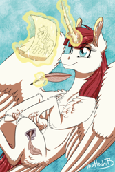 Size: 788x1182 | Tagged: safe, artist:inuhoshi-to-darkpen, firefly, oc, oc only, oc:fausticorn, alicorn, pony, alicorn oc, bust, chest fluff, ear fluff, feather pen, female, glowing horn, hoof fluff, horn, ink, inkwell, lauren faust, magic, mare, ponified, solo, telekinesis, wing fluff, wings