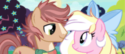 Size: 1479x640 | Tagged: safe, artist:sofk, oc, oc only, oc:bay breeze, oc:pitch kritter pine, earth pony, pegasus, pony, animated, blaze (coat marking), bow, clothes, coat markings, couple, cute, earth pony oc, facial markings, female, gif, hair bow, heart, male, mare, nuzzling, ocbetes, pegasus oc, pinebreeze, scarf, shipping, show accurate, stallion, straight