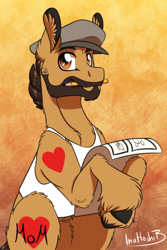 Size: 788x1182 | Tagged: safe, artist:inuhoshi-to-darkpen, official comic, oc, oc:tony fleecs, earth pony, pony, beard, cheek fluff, clothes, facial hair, hoof fluff, male, mouth hold, paper, pencil, ponified, solo, stallion, tank top, tony fleecs