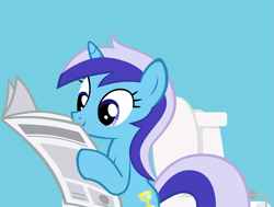 Size: 1825x1383 | Tagged: safe, artist:retro melon, edit, vector edit, minuette, pony, unicorn, g4, 1000 hours in ms paint, blue background, but why, female, hoof hold, implied pooping, mare, newspaper, potty time, reading, simple background, sitting, sitting on toilet, smiling, solo, toilet, toilet paper, vector
