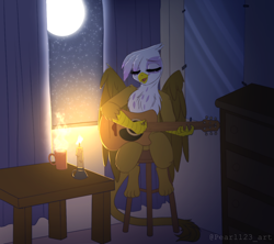 Size: 1200x1065 | Tagged: safe, artist:pearl123_art, gilda, griffon, fanfic:the lost element, g4, candle, cup, cute, dresser, eyes closed, fanfic art, female, fire, full moon, gildadorable, guitar, happy, mirror, moon, musical instrument, night, playing guitar, singing, sitting, smiling, solo, stars, steam, stool, table