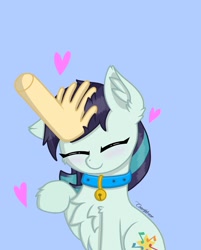 Size: 1440x1787 | Tagged: safe, artist:rieyadraws, coloratura, earth pony, pony, g4, behaving like a cat, bell, bell collar, cat bell, chest fluff, collar, cute, cutie mark, disembodied hand, ear fluff, eyes closed, hand, head pat, heart, hoof fluff, pat, petting, pony pet, rarabetes, simple background, solo
