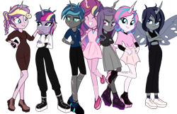 Size: 1830x1178 | Tagged: safe, artist:cookiechans2, artist:idkhesoff, artist:katnekobase, artist:selenaede, artist:stryapastylebases, artist:velveagicsentryyt, princess flurry heart, princess skyla, oc, oc:espion, oc:lovebug (ice1517), oc:prince dust, oc:princess black lichen, oc:starbright sword, changepony, hybrid, icey-verse, equestria girls, g4, alternate hairstyle, base used, boots, brother and sister, brothers, cellphone, choker, clothes, crossdressing, equestria girls-ified, eyes closed, eyeshadow, female, flats, grin, horn, horn jewelry, horn ring, interspecies offspring, jeans, jewelry, magical lesbian spawn, makeup, male, midriff, multicolored hair, necklace, offspring, pants, parent:princess cadance, parent:queen chrysalis, parent:shining armor, parents:cadalis, parents:shining chrysalis, parents:shiningcadance, phone, ponied up, ring, scar, shirt, shoes, siblings, simple background, sisters, skirt, smartphone, smiling, sneakers, socks, stockings, sweater, t-shirt, tank top, tattoo, thigh highs, trans female, transgender, transparent background, wall of tags, wings