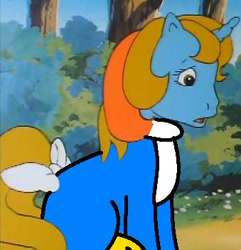 Size: 339x351 | Tagged: safe, artist:torranto76, edit, edited screencap, screencap, ribbon (g1), pony, unicorn, g1, my little pony 'n friends, the return of tambelon, 1000 hours in ms paint, bow, clothes, costume, cropped, crossover, female, mare, ms paint, sitting, solo, tail bow, woody woodpecker