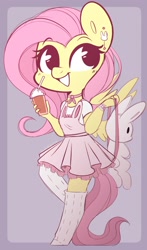 Size: 961x1631 | Tagged: safe, artist:sakukitty, fluttershy, pegasus, rabbit, anthro, unguligrade anthro, animal, bag, choker, clothes, coffee cup, cup, cute, dress, drink, ear piercing, female, food, frappuccino, piercing, shyabetes, smiling, socks, solo, straw, whipped cream