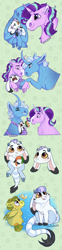 Size: 1500x6023 | Tagged: safe, artist:owlcoholik, starlight glimmer, trixie, oc, oc:broccoli sprout, oc:white rabbit, butterfly, hybrid, g4, baby, baby carrier, biting, blaze (coat marking), coat markings, crying, curved horn, facial markings, family, female, filly, hoers, horn, interspecies offspring, lesbian, offspring, one eye closed, parent:bulk biceps, parent:discord, parent:tree hugger, parent:trixie, parents:bulkhugger, parents:trixcord, ship:startrix, shipping, swaddled baby, swaddling, tail bite, tears of joy, uvula, volumetric mouth