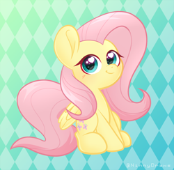 Size: 2480x2425 | Tagged: safe, artist:ninnydraws, fluttershy, pegasus, pony, g4, abstract background, blushing, chibi, cute, female, heart eyes, high res, mare, shyabetes, sitting, solo, wingding eyes