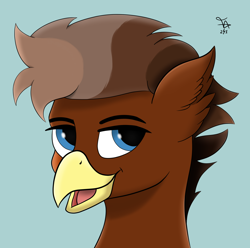 Size: 2320x2304 | Tagged: safe, artist:thunder arch, oc, oc only, oc:grimvale, griffon, bust, griffon oc, high res, male, multicolored hair, open mouth, portrait, simple background, smiling