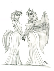 Size: 1000x1307 | Tagged: safe, artist:baron engel, oc, oc only, oc:feather, oc:nicole, pegasus, unicorn, anthro, breasts, cleavage, clothes, dress, female, grayscale, holding hands, horn, lesbian, looking at each other, marriage, monochrome, oc x oc, pencil drawing, shipping, simple background, traditional art, wedding, wedding dress, white background, wings