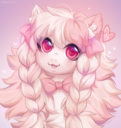 Size: 1138x1200 | Tagged: safe, artist:margony, oc, oc only, pony, bow, bowtie, braid, braided pigtails, cute, ear fluff, eye clipping through hair, eyebrows, eyebrows visible through hair, female, floppy ears, fluffy, gradient background, heart, mare, open mouth, solo