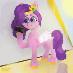 Size: 1000x1000 | Tagged: safe, artist:tierwidy, pipp petals, pegasus, pony, g5, adorapipp, colored, cute, female, mare, phone, smiling, solo, standing