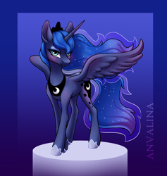 Size: 2636x2780 | Tagged: safe, artist:anvalina, princess luna, alicorn, pony, bedroom eyes, blushing, female, high res, mare, solo, spread wings, wings