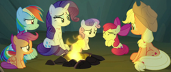 Size: 1376x580 | Tagged: safe, screencap, apple bloom, applejack, rainbow dash, rarity, scootaloo, sweetie belle, earth pony, pegasus, pony, unicorn, campfire tales, g4, bug bite, campfire, cropped, female, filly, fire, fly-der bite, mare, sitting