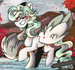 Size: 3000x2800 | Tagged: safe, artist:its_sunsetdraws, vapor trail, pegasus, pony, g4, autumn, blushing, cheek fluff, cloud, cloudy, cloudy sky, digital art, falling leaves, fanart, high res, leaves, overcast, river, smiling, solo, spread wings, tree, wings