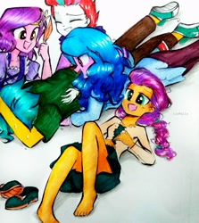 Size: 2601x2913 | Tagged: safe, artist:liaaqila, hitch trailblazer, izzy moonbow, pipp petals, sunny starscout, zipp storm, equestria girls, g4, g5, barefoot, clothes, commission, converse, equestria girls-ified, exhausted, eyes closed, feet, female, g5 to equestria girls, g5 to g4, generation leap, grin, high res, jeans, male, mane five, open mouth, pants, shirt, shoes, siblings, simple background, sisters, skirt, smiling, sweat, t-shirt, tickling, traditional art, white background