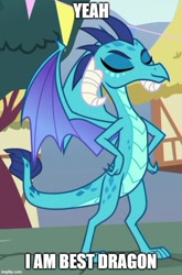 Size: 500x757 | Tagged: safe, edit, edited screencap, screencap, princess ember, dragon, g4, season 7, triple threat, best dragon, caption, cropped, dragoness, eyes closed, female, gloating, hand on hip, image macro, proud, smiling, solo, text