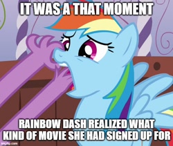 Size: 592x500 | Tagged: safe, edit, edited screencap, screencap, rainbow dash, spike, dragon, pegasus, pony, g4, ponyville confidential, season 2, caption, cropped, duo, female, female focus, image macro, implied vore, male, mare, offscreen character, offscreen male, solo focus, text