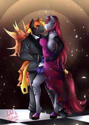 Size: 1961x2773 | Tagged: safe, artist:sakurafaith, oc, oc only, oc:fire heart/passion blaze, oc:selune darkeye, changeling, unicorn, anthro, unguligrade anthro, beautiful, bobble, body markings, bowtie, clothes, commission, confident, cute, dress, duo, female, gloves, handsome, horn, interspecies, jewelry, looking at each other, loving gaze, male, mealy mouth (coat marking), necklace, oc x oc, orange changeling, redhead, sexy, shipping, signature, slow dancing, straight, suit, wings