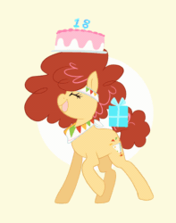 Size: 1466x1857 | Tagged: safe, artist:aztrial, oc, oc only, oc:felicidad, earth pony, pony, animated, birthday cake, birthday present, box, cake, dancing, food, gif, headbang, offspring, parent:cheese sandwich, parent:pinkie pie, parents:cheesepie, present, solo
