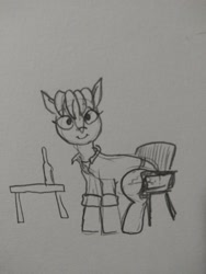 Size: 1560x2080 | Tagged: safe, artist:pony quarantine, oc, oc only, earth pony, pony, bottle, chair, clothes, grayscale, looking at you, monochrome, pencil drawing, ponified, sergeant reckless, shirt, sitting, sketch, solo, table, traditional art, warpone