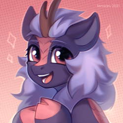 Size: 700x700 | Tagged: safe, artist:fenwaru, oc, oc only, oc:night glow, kirin, abstract background, bust, cloven hooves, commission, cute, gradient background, gradient eyes, happy, kirin oc, open mouth, open smile, portrait, purple mane, smiling, ych result