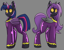 Size: 3700x2920 | Tagged: safe, artist:askhypnoswirl, twilight sparkle, oc, alicorn, bat pony, bat pony alicorn, pony, g4, alicorn oc, bat ponified, bat wings, clothes, costume, female, folded wings, goggles, gray background, high res, horn, implied hypnosis, mare, no mouth, race swap, rubber, rubber drone, rubber suit, shadowbolt drone, shadowbolts costume, simple background, standing, twibat, wings
