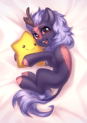 Size: 700x989 | Tagged: safe, artist:fenwaru, oc, oc:night glow, kirin, bed, bed sheets, commission, curled up, cute, gradient eyes, happy, horn, kirin oc, lying down, lying on bed, on bed, pillow hug, plushie, smiling, solo, star plushie, stars, tail, ych result