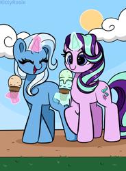 Size: 2480x3366 | Tagged: safe, artist:kittyrosie, starlight glimmer, trixie, pony, unicorn, g4, blushing, cute, diatrixes, duo, eyes closed, food, glimmerbetes, heart, heart eyes, high res, ice cream, ice cream cone, magic, open mouth, telekinesis, wingding eyes