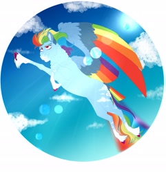 Size: 2699x2796 | Tagged: safe, artist:inisealga, rainbow dash, pegasus, pony, g4, backwards cutie mark, cloud, colored wings, female, flying, high res, mare, redesign, sky, solo, sun, wings
