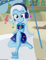 Size: 3090x4000 | Tagged: safe, artist:dieart77, trixie, equestria girls, g4, barefoot, beach, clothes, commission, feet, female, foot tapping, headphones, high res, music notes, ocean, sarong, solo, swimsuit, tapping